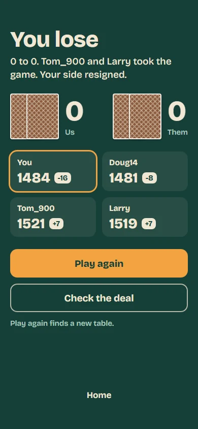 The result of a rated game, with every seat’s rating and Check the deal